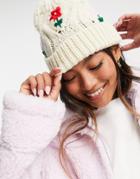 Asos Design Beanie With Floral Embroidery In Cream-white