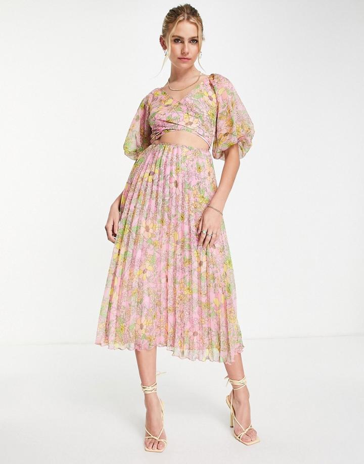 Asos Design Wrap Around Pleated Midi Dress In Pink Based Floral-multi