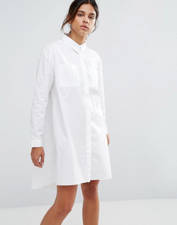 Native Youth Frayed Hem Denim Shirt Dress - White