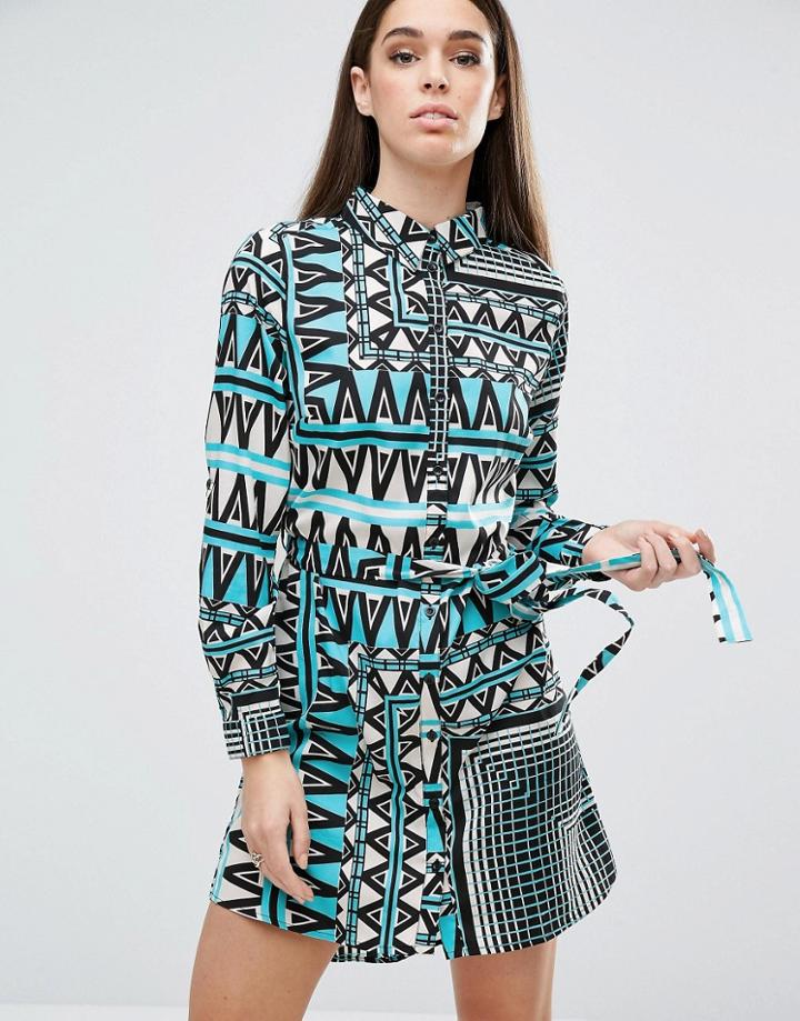 Ax Paris Printed Shirt Dress - Blue