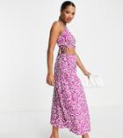 Topshop Petite Ruch Waist Out About Poplin Midi Dress In Bold Lilac Floral-purple
