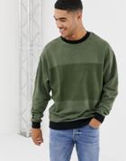 Asos Design Oversized Sweatshirt In Khaki Interest Fabric With Reverse Panel-green