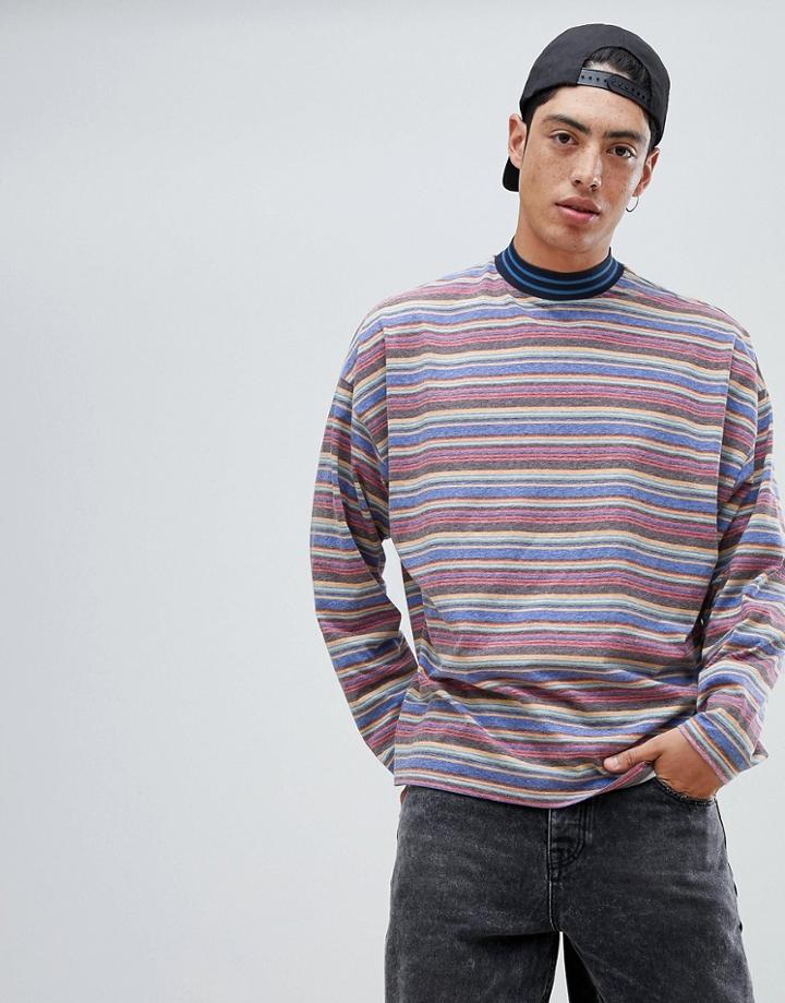 Asos Design Oversized Long Sleeve T-shirt With Retro Stripe And Tipped Rib - Multi