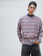 Asos Design Oversized Long Sleeve T-shirt With Retro Stripe And Tipped Rib - Multi