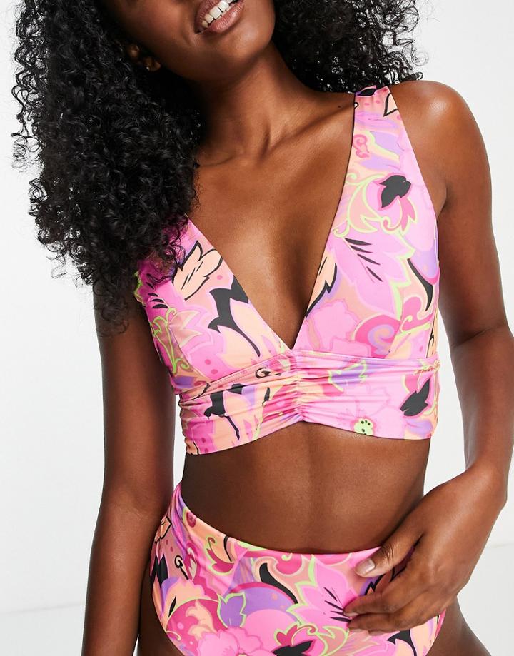 Asos Design Mix And Match Deep Band Ruched Bikini Top In Bold Floral Print-multi