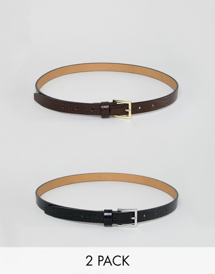 Asos Design 2 Pack Skinny Waist Faux Croc Jeans Belts - Multi