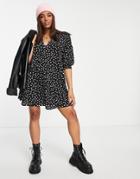 Asos Design V Neck Trapeze Mini Dress In Mono Spot Print-multi