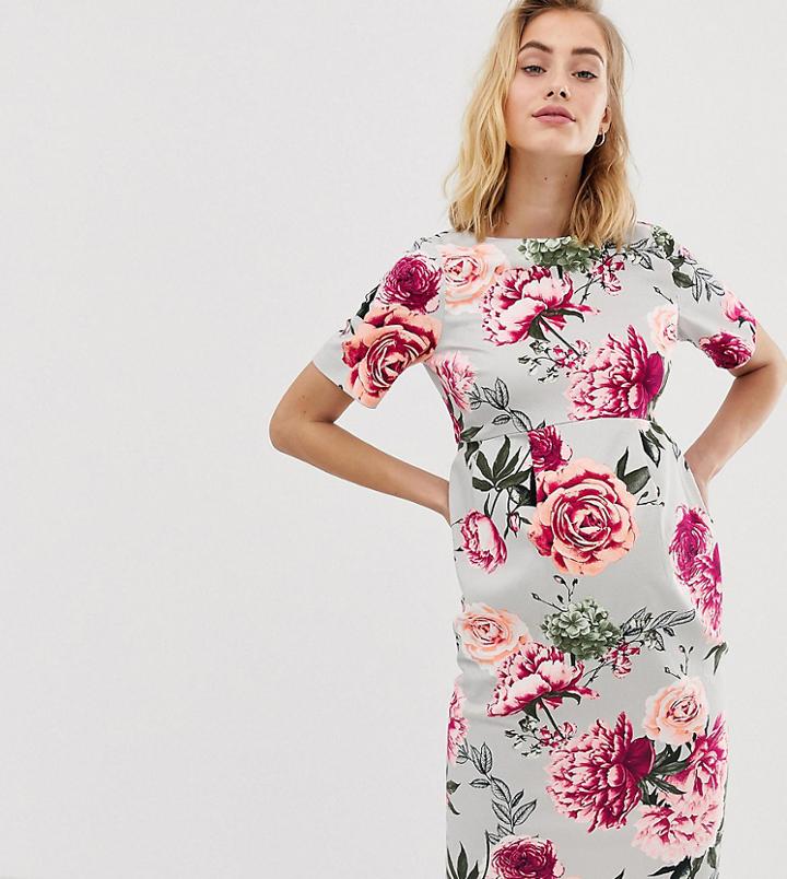 Asos Design Maternity Wiggle Midi Dress In Floral Print-pink