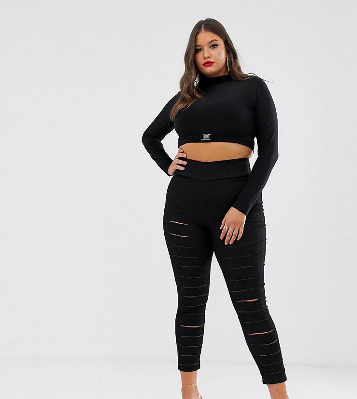 Asos Design Curve Pull On Jegging In Clean Black With Slash Rip Detail - Black