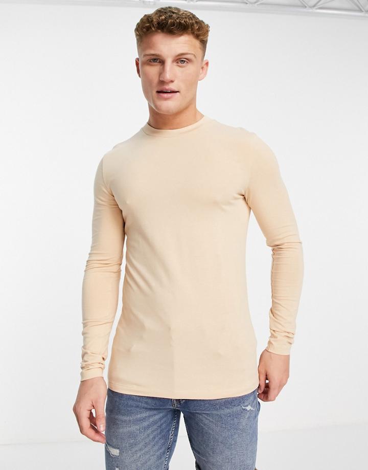 Asos Design Cotton Blend Muscle Fit Long Sleeve T-shirt With Crew Neck In Beige - Beige-neutral