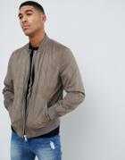 River Island Faux Suede Bomber Jacket In Khaki - Green