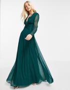 Asos Design Bridesmaid Ruched Waist Maxi Dress With Long Sleeves And Pleat Skirt-green