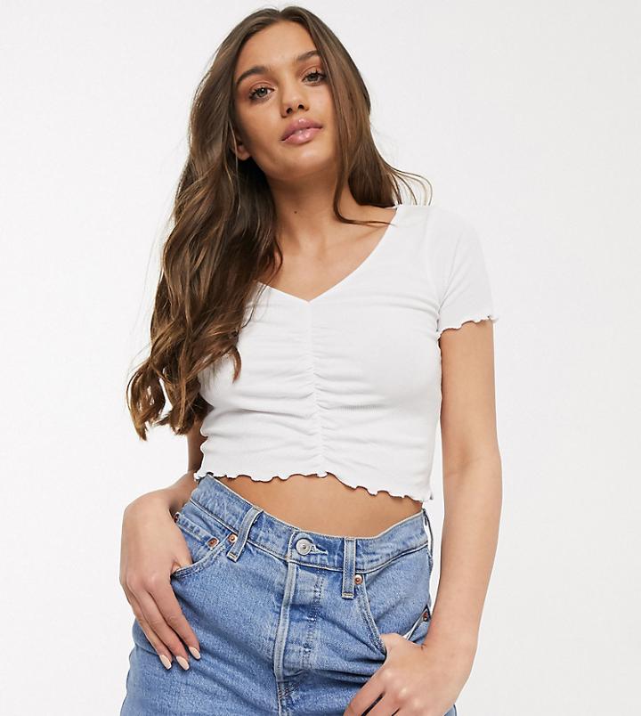 Asos Design Petite V Front Ruched Detail Top With Lettuce Edge Detail In White