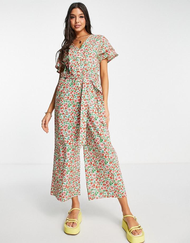 Monki Relaxed Short Sleeve Jumpsuit With Belted Waist In Bright Floral-multi