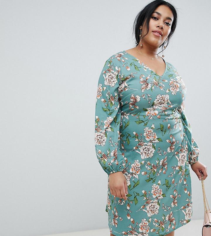 Influence Plus Midi Floral Dress With Button Detail-green
