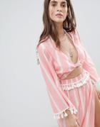 Asos Design Natural Stripe Fabric Pom Pom Long Sleeve Beach Top Two-piece - Multi