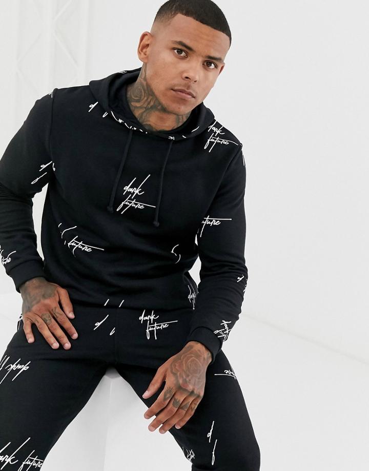 Asos Design Two-piece Hoodie With All Over Dark Future Logo Print In Black - Black