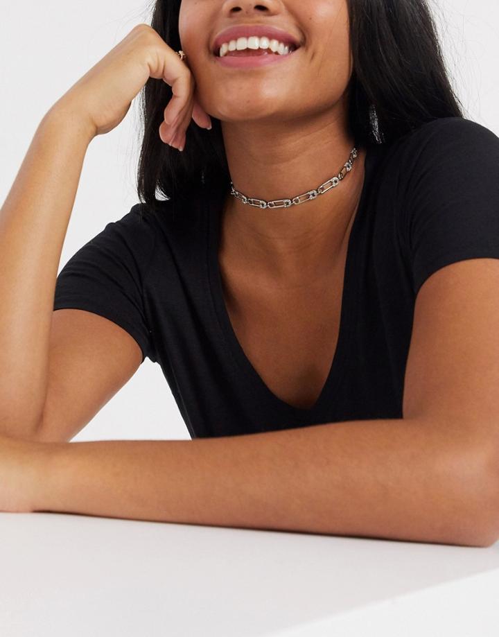 Asos Design Choker Necklace In Safety Pin Design In Silver Tone-gold