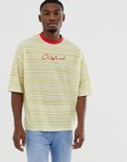 Asos Design Oversized Stripe T-shirt In Pique Fabric With Original Embroidery-yellow