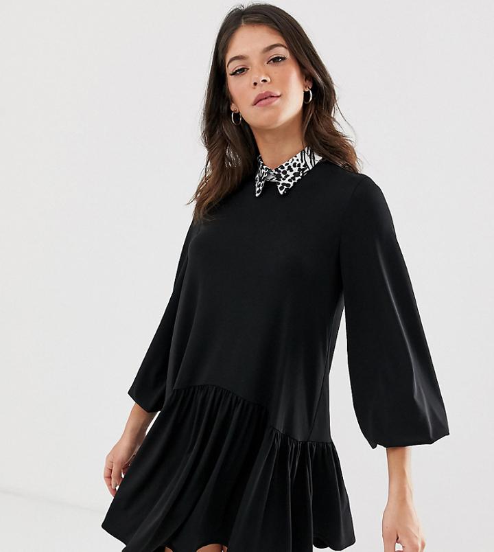Asos Design Tall Mini Smock Dress With Mono Leopard Collar - Black