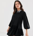Asos Design Tall Mini Smock Dress With Mono Leopard Collar - Black