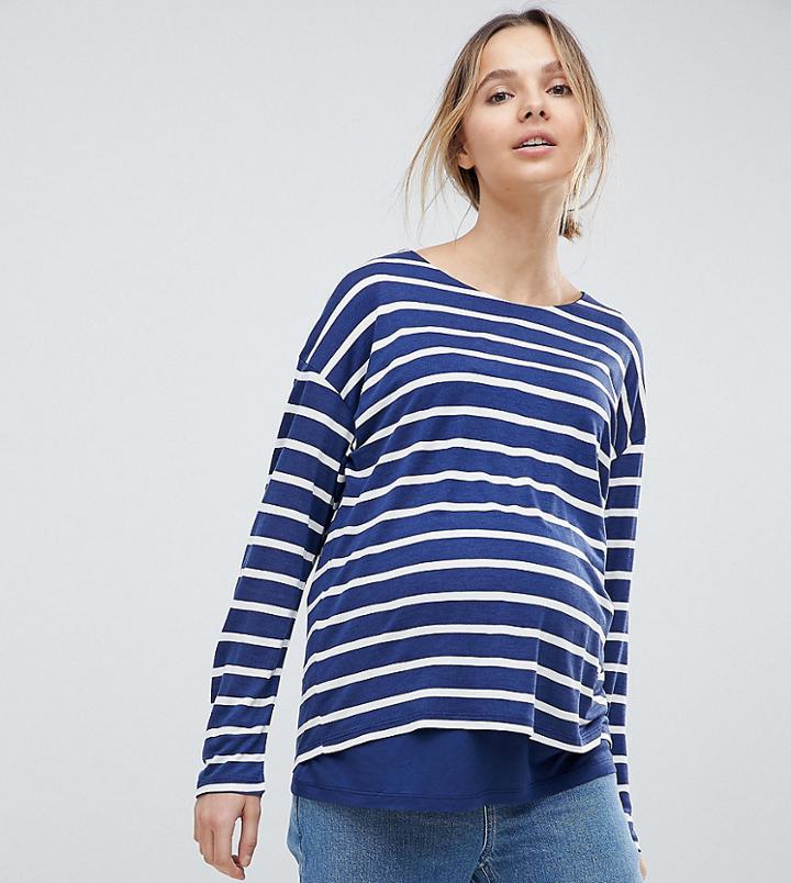 Asos Design Maternity Nursing Long Sleeve Top With Double Layer In Navy Stripe - Navy