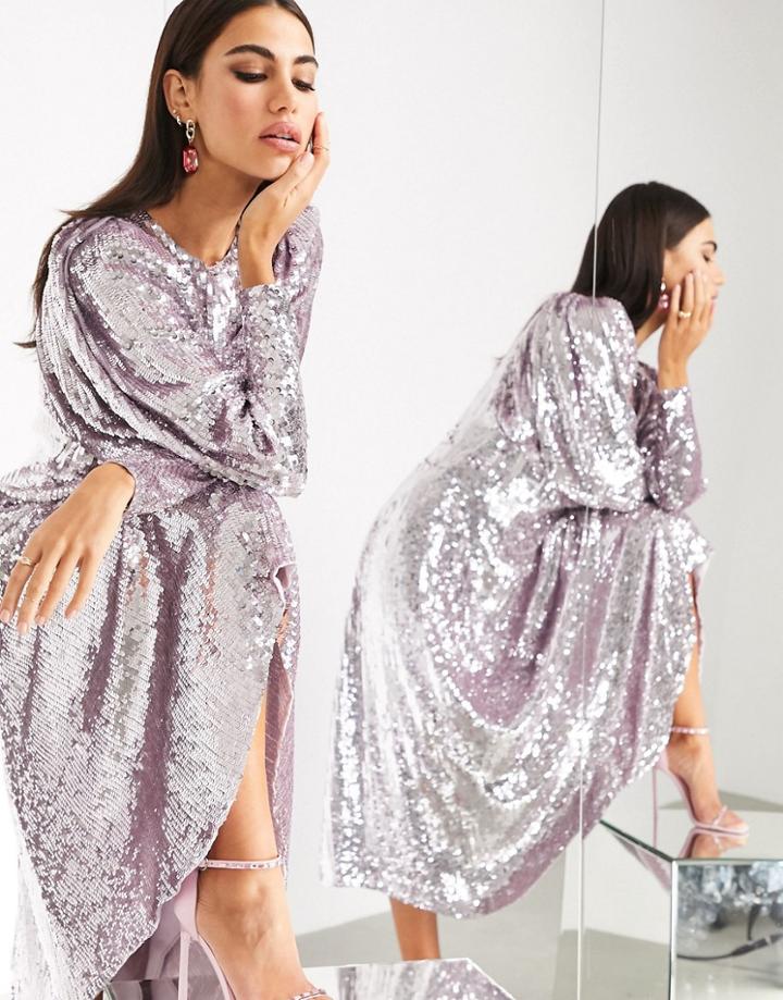 Asos Edition Blouson Sleeve Midi Dress In Sequin-purple