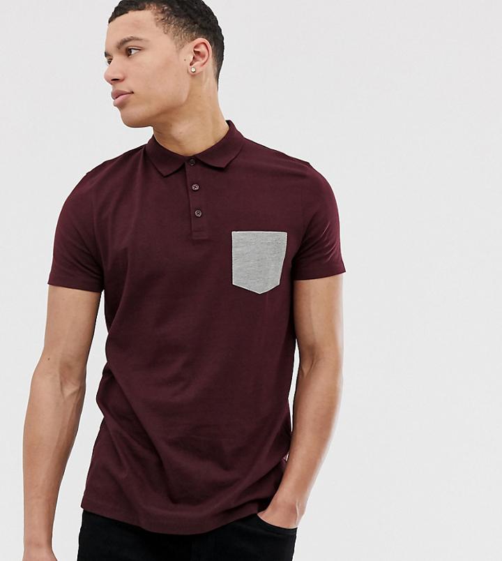 Asos Design Tall Polo Shirt With Contrast Pocket In Burgundy - Red