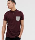 Asos Design Tall Polo Shirt With Contrast Pocket In Burgundy - Red