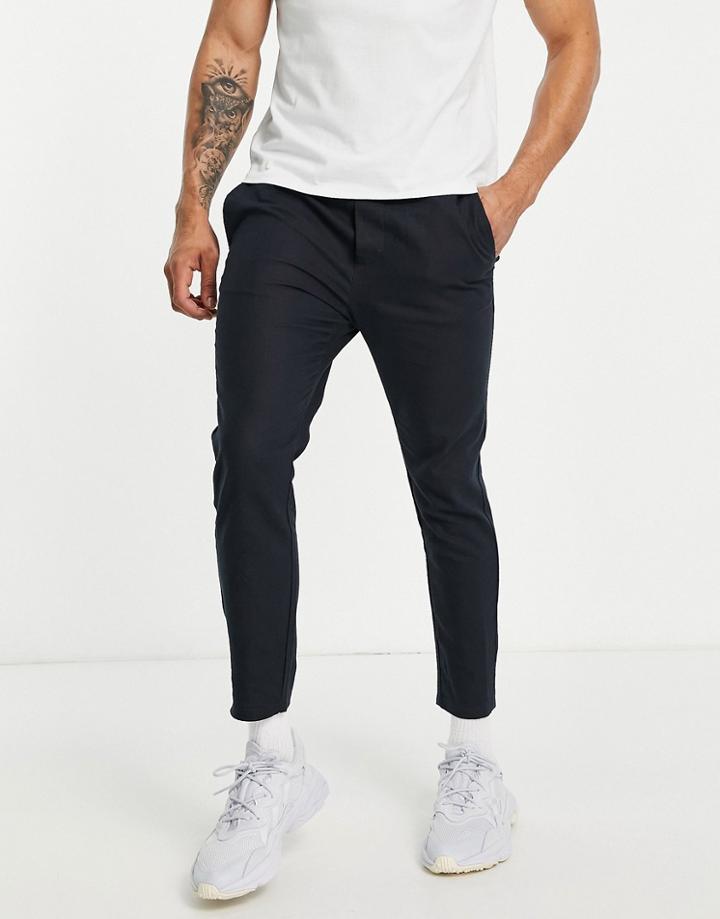 Only & Sons Tapered Linen Mix Crop Pants In Navy