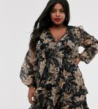 Asos Design Curve Long Sleeve Mini Dress In Floral Print With Cluster Embellishment Detail And Circle Trims-multi