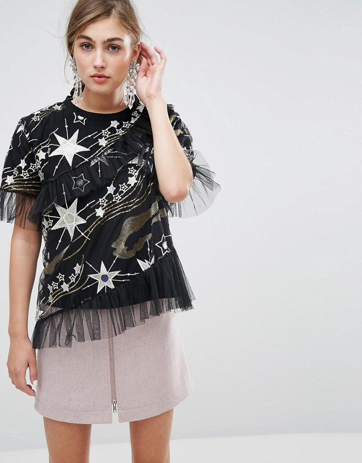 Sister Jane Mesh Blouse With All Over Glitter Stars - Black