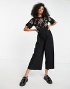 Asos Design Frill Sleeve Embroidery Smock Jumpsuit In Black