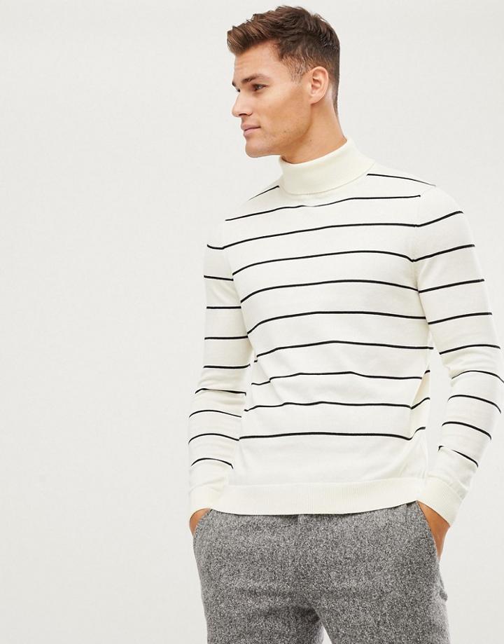 New Look Roll Neck Sweater In Cream Stripe - Cream