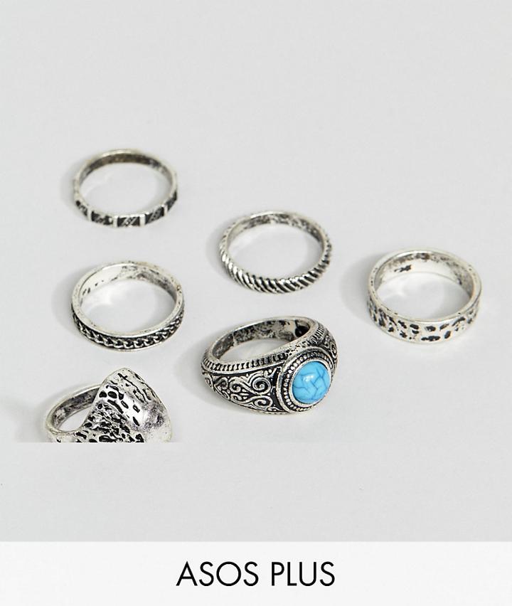 Asos Design Plus Chunky Ring Pack With Eagle And Stones In Burnished Silver - Silver