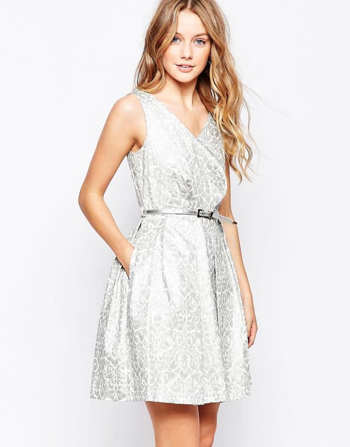 Closet Belted Dress In Metallic Flock - Silver