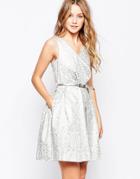 Closet Belted Dress In Metallic Flock - Silver