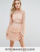 John Zack Petite All Over Premium Lace Top Tiered Prom Mini Dress - Pink