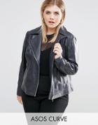 Asos Curve Clean Biker Jacket In Leather - Gray