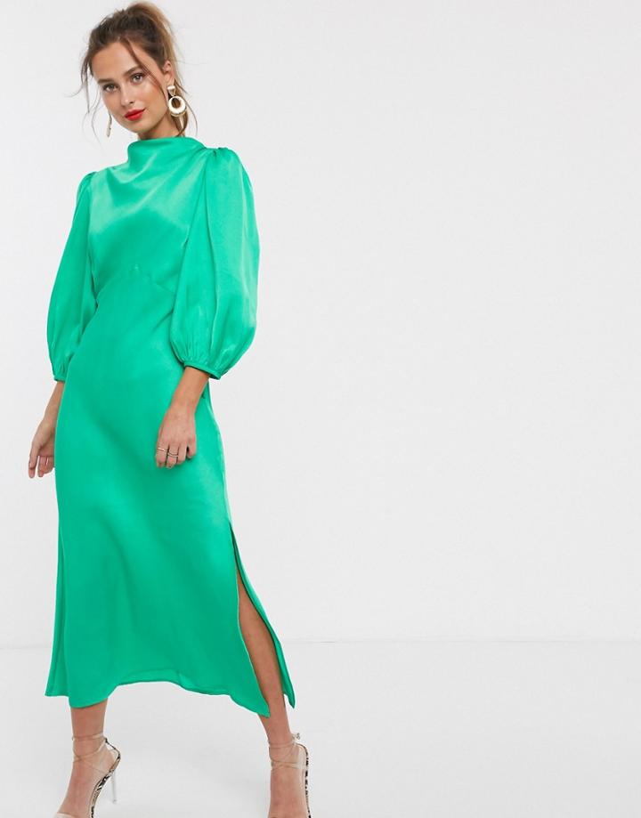 Asos Design Cowl Neck Satin Tea Midi Dress With Puff Sleeve In Green