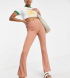 Topshop Petite Skinny Ribbed Flared Pants In Caramel-brown