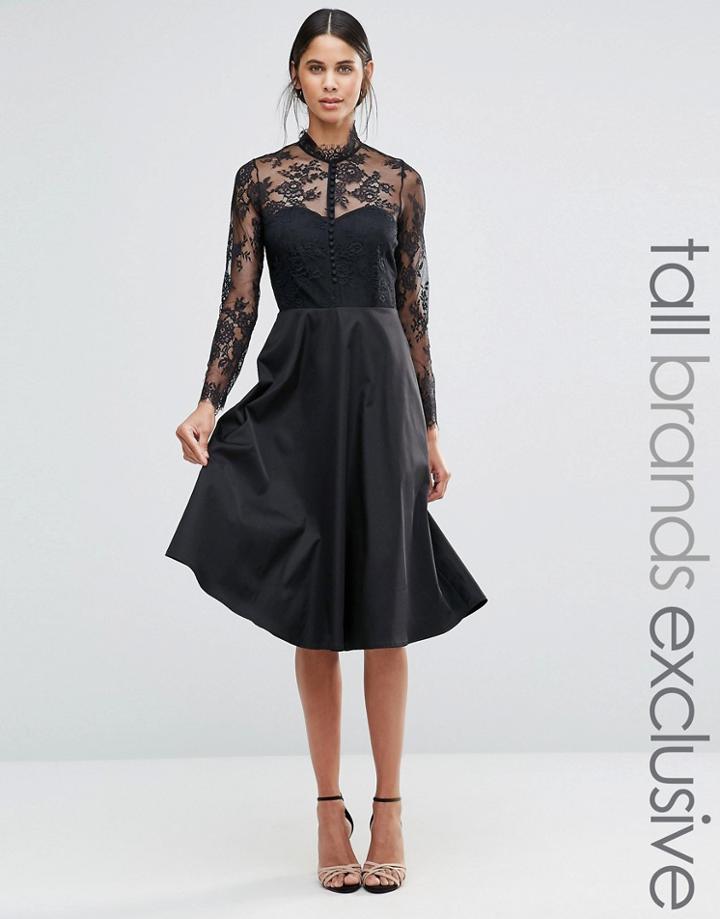 Y.a.s Tall Pretty Skater Dress With Lace Yoke And Sleeves - Black
