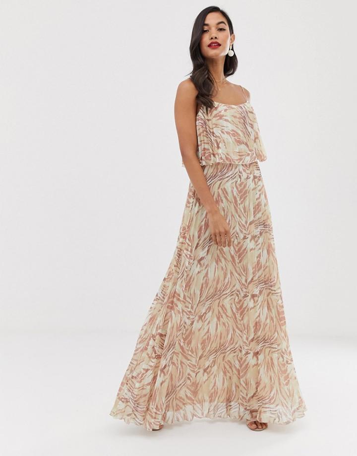 Asos Design Maxi Dress With Double Layer Pleat Crop Top And Strap In Print - Multi