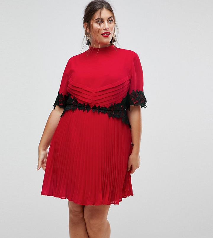 Asos Curve Lace Waist And Cuff Pleated Mini Dress-pink