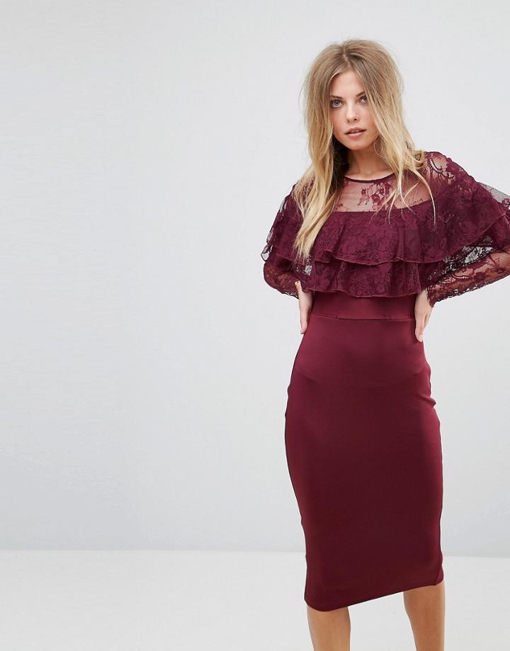 Ax Paris Long Sleeve Overlay Midi Dress With Lace Detail - Purple