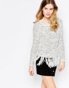 Vero Moda Chunky Knit Sweater With Fringed Hem - Ashphalt