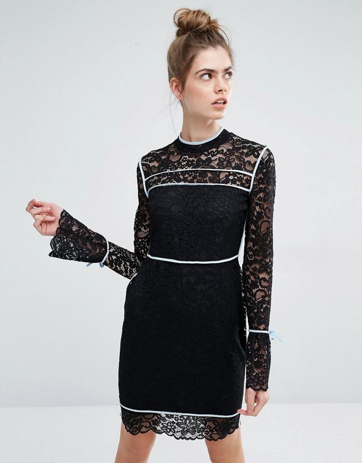 Sportmax Code Augusto Lace Bell Sleeve Dress With Blue Piping - Black