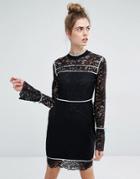 Sportmax Code Augusto Lace Bell Sleeve Dress With Blue Piping - Black