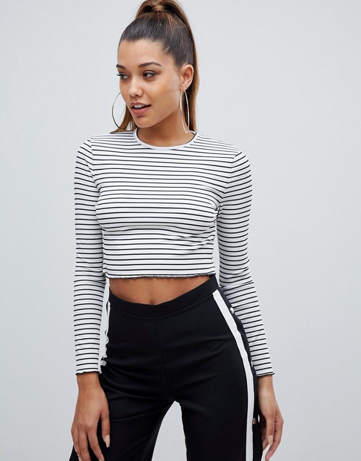Prettylittlething Striped Long Sleeve Crop Top In Multi Stripe - White