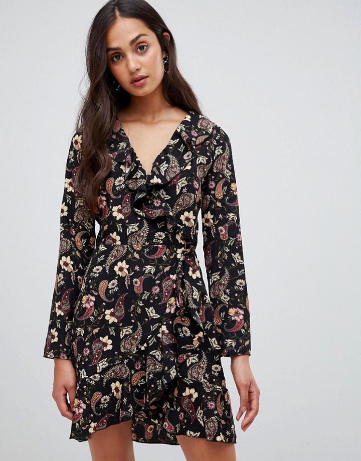 Parisian Floral Wrap Dress With Frill-multi